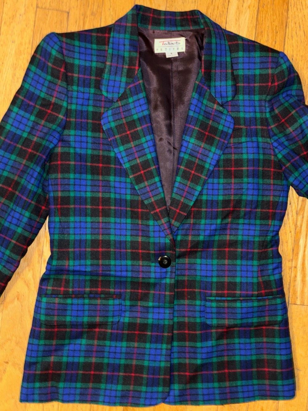 Talbots Vintage Petite Blue & Green Plaid One-Button Blazer - 6/Petite Small